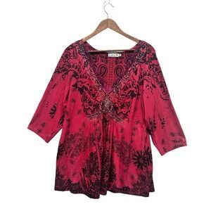 Womens Boho Baby Doll Top Plus Size 2X 3/4 Sleeves Paisley Tunic Stretch Studded
